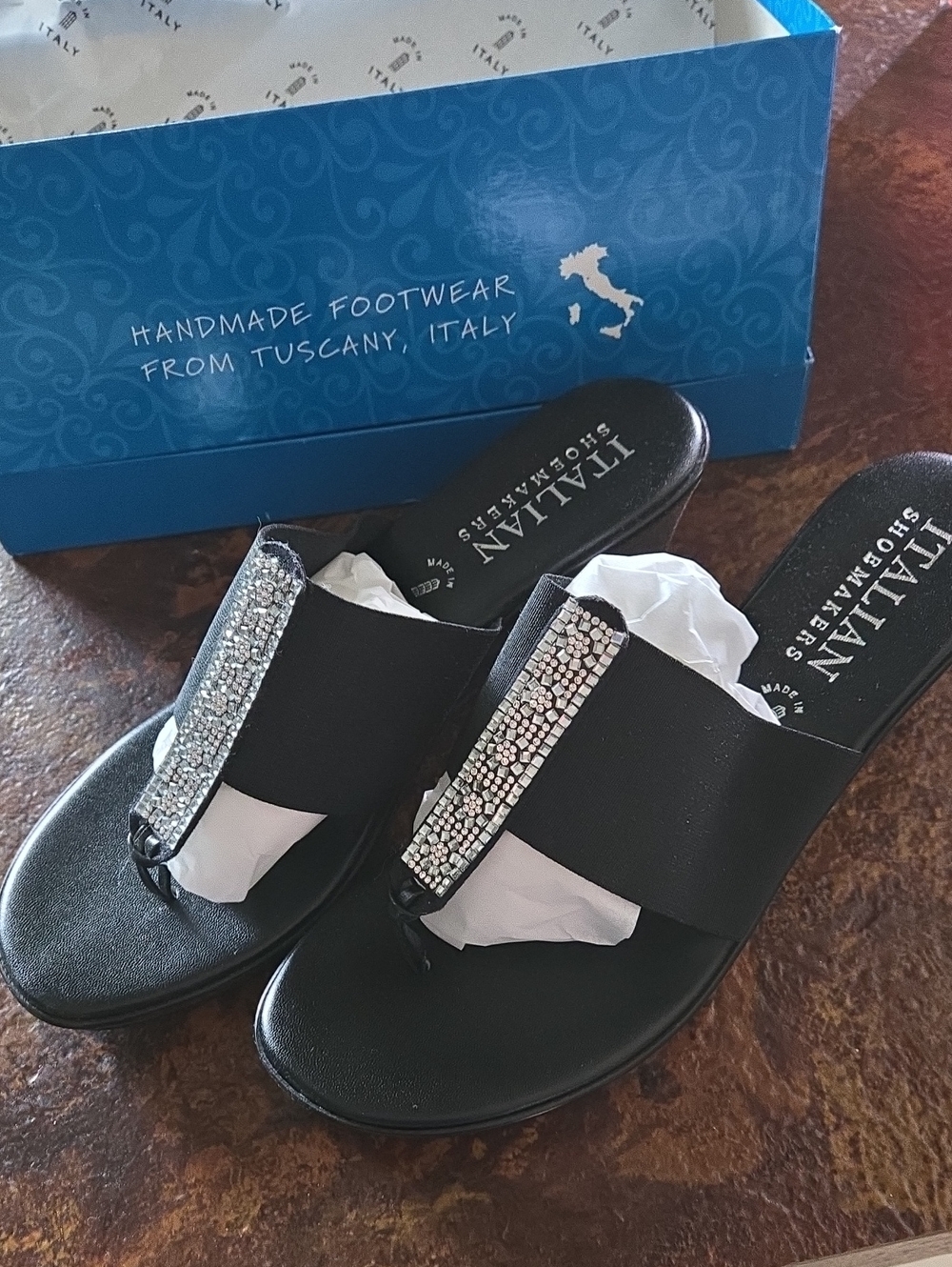 Italian Shoemakers Black Rhinestone Toe-Post Sandals Size 10 Brand New